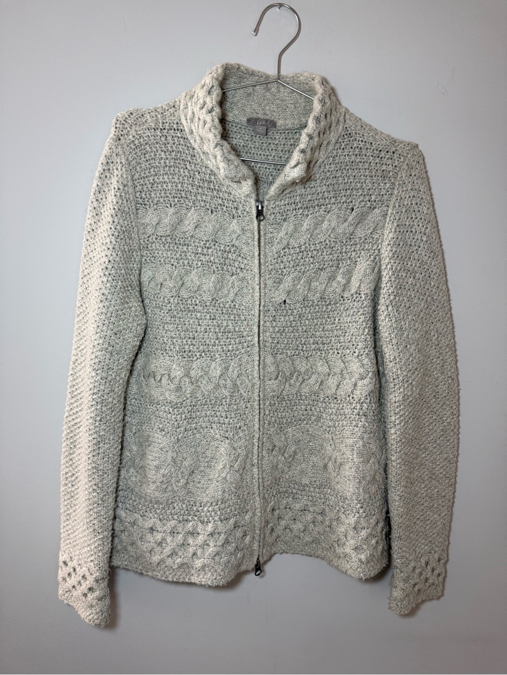 J. Jill Women’s Oatmeal Cable-Knit Zip Cardigan Size M Boho Cozy